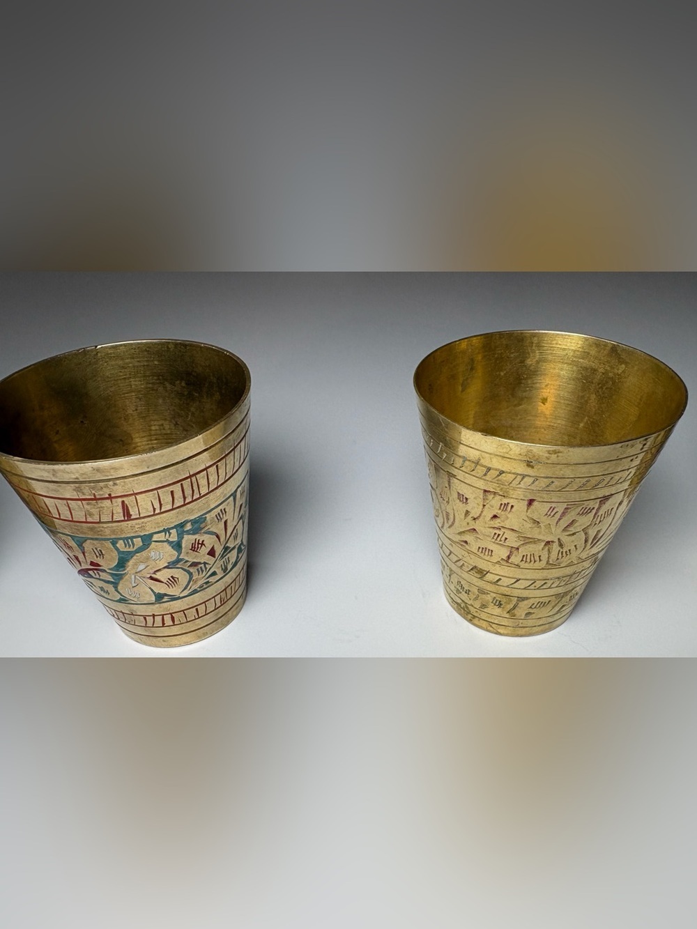 5 Vintage Etched Brass  Tumblers - Decorative Floral Motif